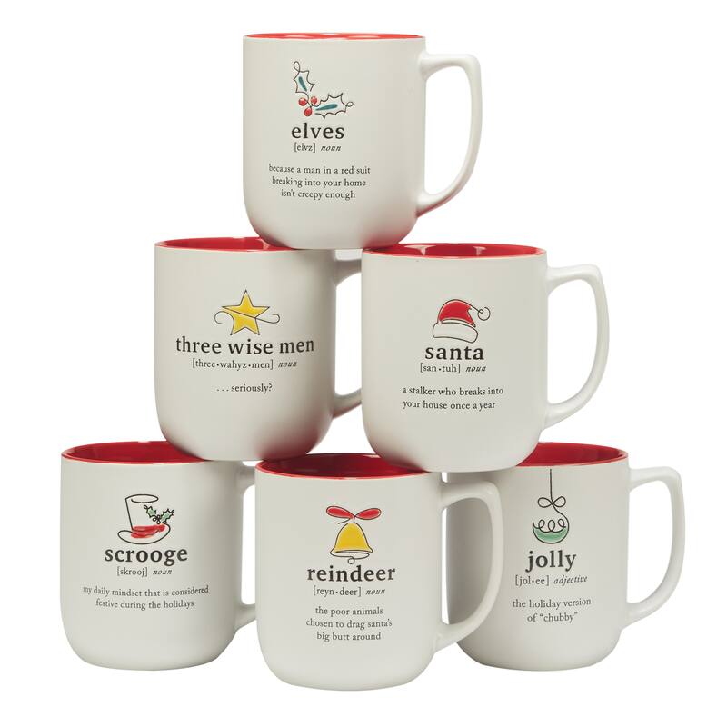 Certified International Christmas Fun Red Sayings 16 oz. Mugs, Set of 6 Assorted Designs