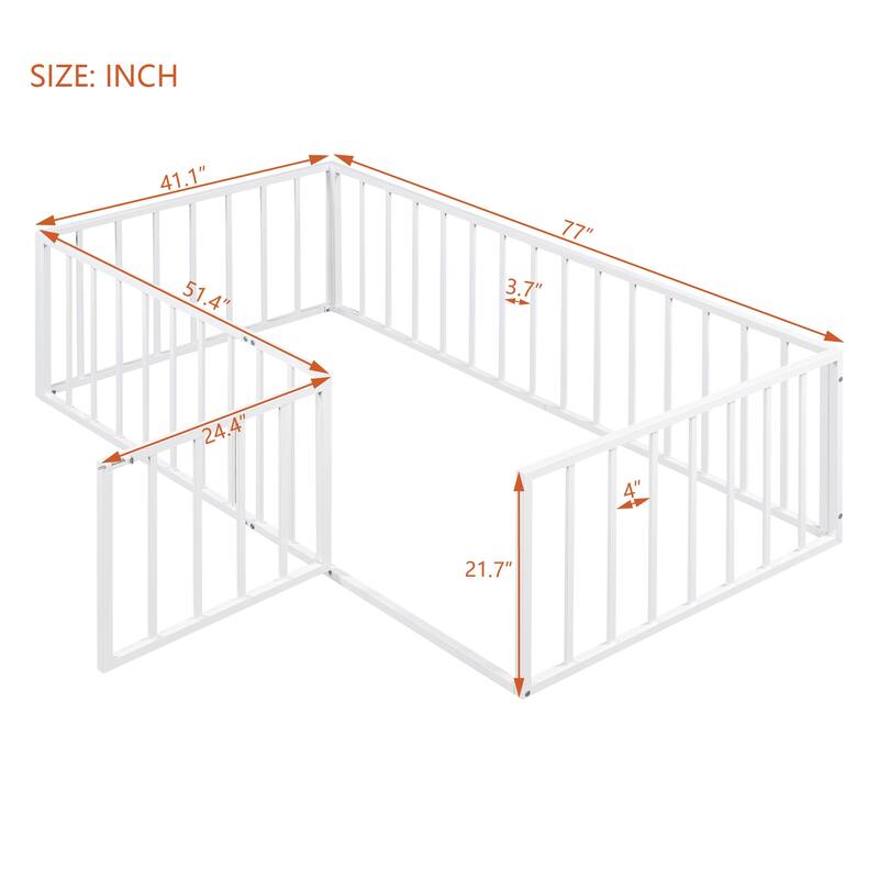 White Twin Size Metal Floor Bed Frame with Fence & Door