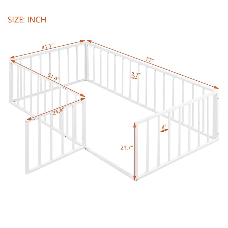 White Twin Size Metal Floor Bed Frame with Fence and Door for Kids