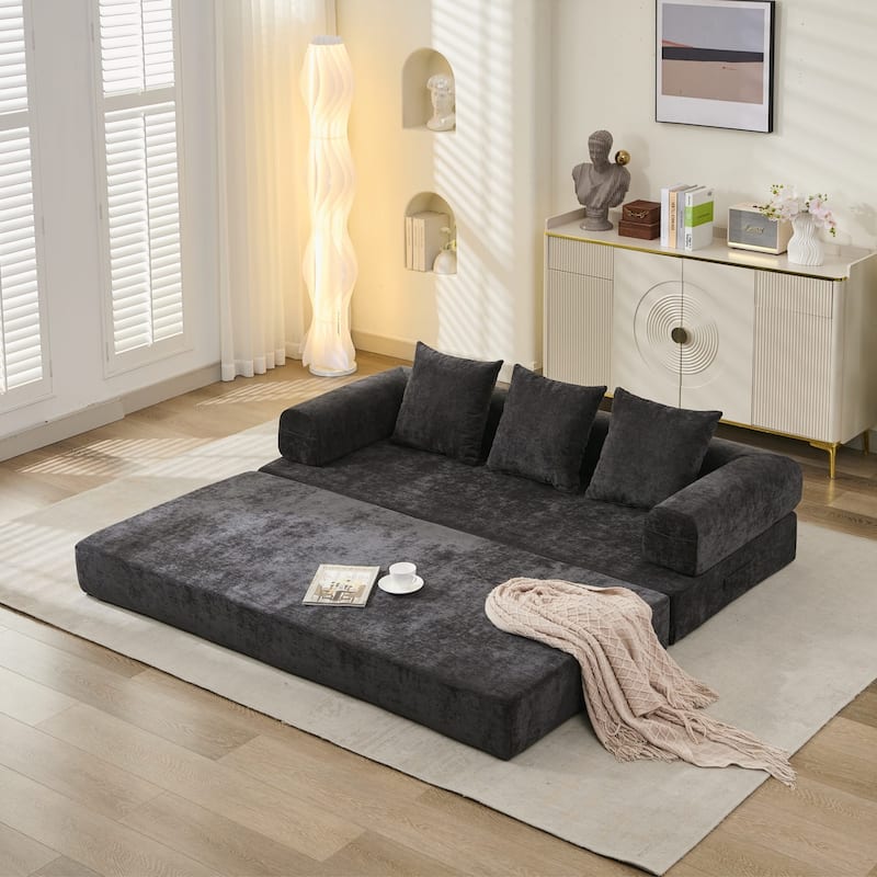 Chenille Floor Sofa Bed - Foldable Mattress Couch with Armrests, Convertible Lounge Chair for Living Room, Bedroom or Studio - Black
