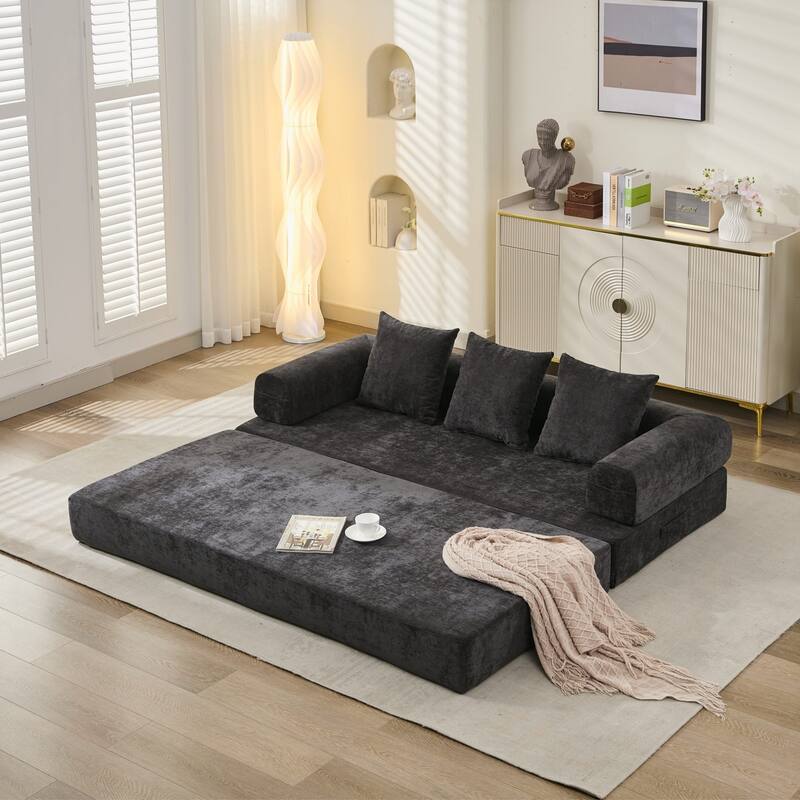 Chenille Folding Sofa Floor Sleeper Bed Chaise Lounger Couch 3-in-1 Comfy Mattress with Reversible Arm Pillows and Non-slip Pad