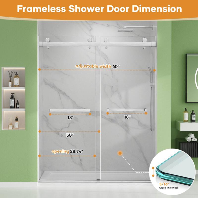 60" W x 74" H Door Double Sliding Frameless Shower Door with 8mm easy clear Tempered Glass