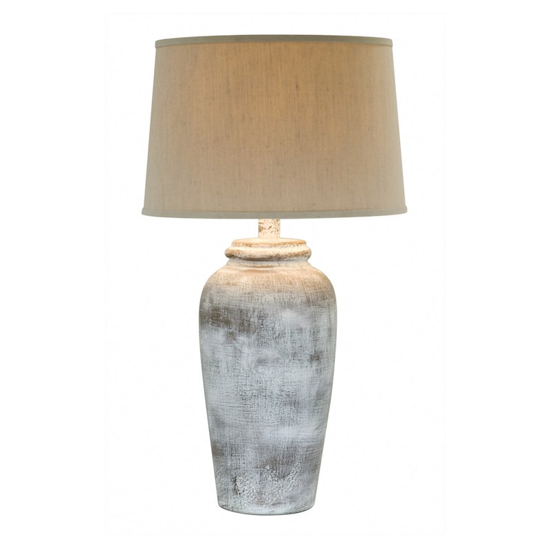 Leni 31 Inch Hydrocal Table Lamp, Drum Shade, Stone White Urn Shaped Base