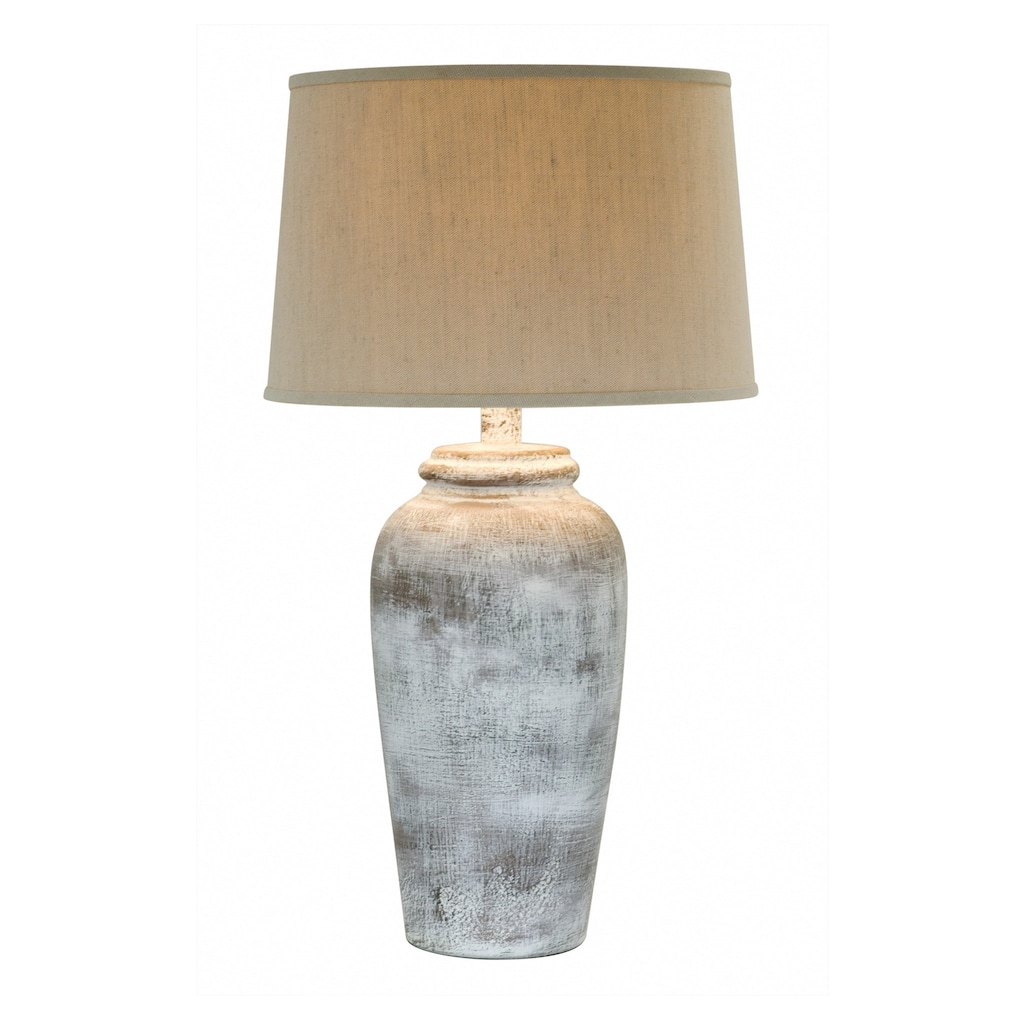 Leni 31 Inch Hydrocal Table Lamp, Drum Shade, Stone White Urn Shaped Base