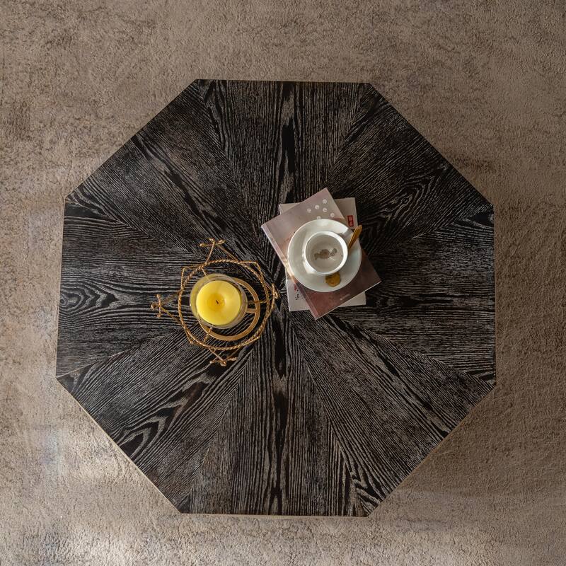 Octagon 38" Retro Style Wood Center Table with Three-Dimensional Embossed Pattern,Rustic Cocktail Table Center Large Circle