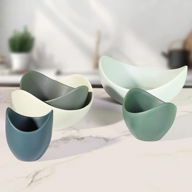 Salad Bowls, 5 Packs Serving Bowls,Lotus Shaped Pasta Bowls, Dishwasher & Microwave Safe, Unique Angled Ceramic Bowls for