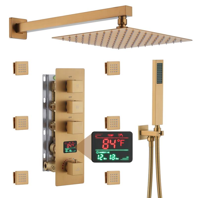 CASAINC 12 Inch Wall Mounted Square Shower Head Shower System with Handheld Shower Body Digital Display Shower 6 Body Jet - Brushed Gold
