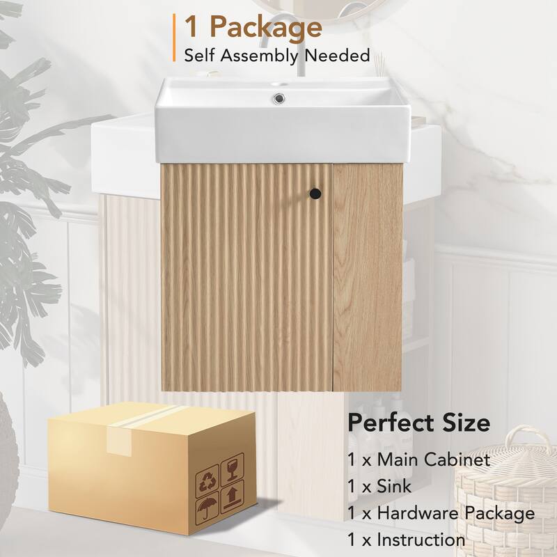 Floating Bathroom Vanity with Sink, Wall Mounted Bathroom Vanity, Narrow Bathroom Cabinet with Soft-Close Door & Open Shelf