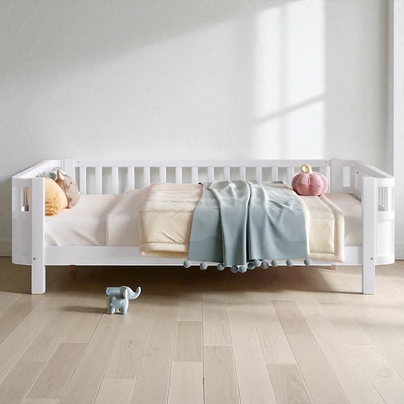 Wood Platform Bed with Guardrails & Detachable Fence, Twin/Full/Twin XL/Queen Size Kids Bed, Safety Design, No Box Spring