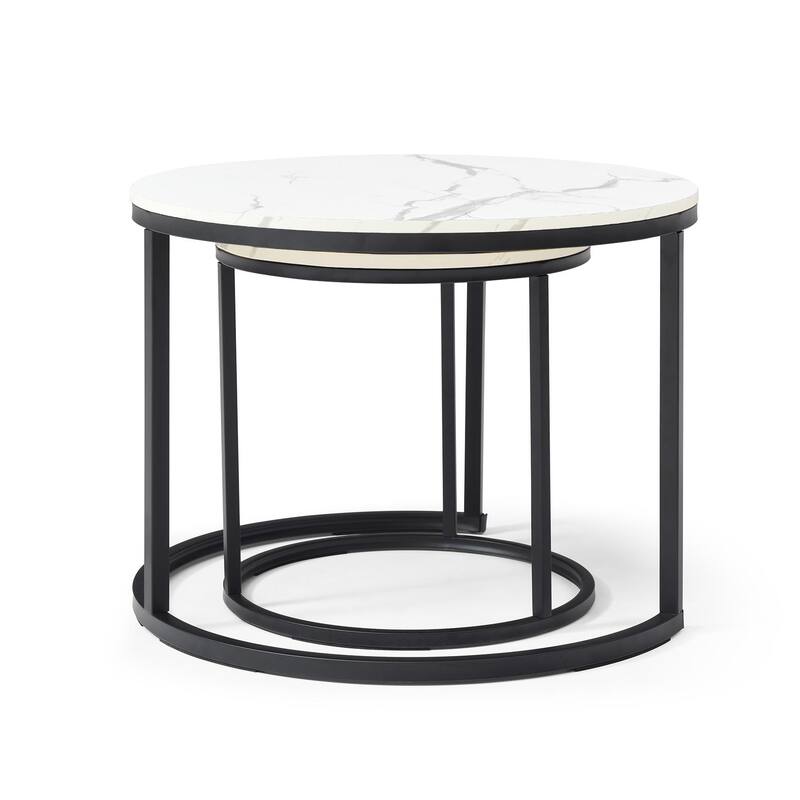 2 Piece Coffee Table Nesting Round Coffee Table with Marble Pattern and Frame, for Living Room and Bedroom