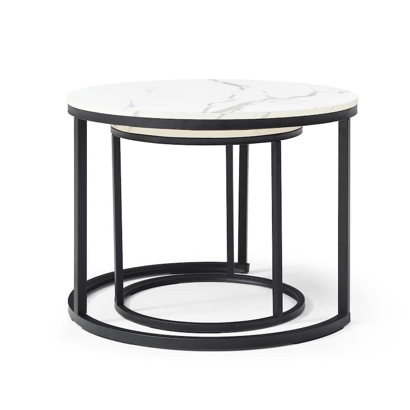 Versatile Nesting Coffee Table Set of 2 with Round Wooden Top and Metal Frame Base Modern Simple Side Table End Table Nightstand