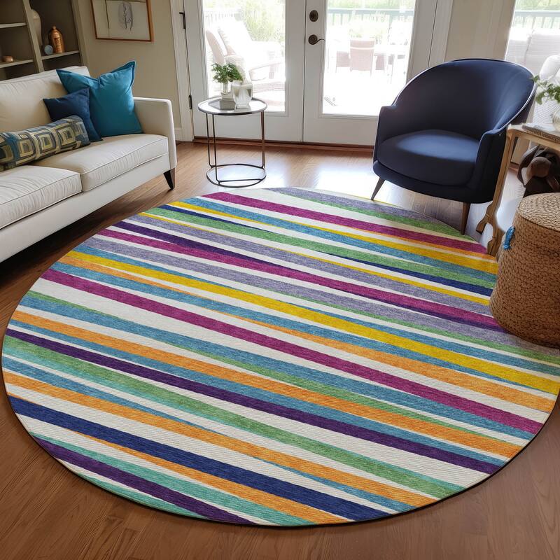 Machine Washable Indoor/ Outdoor Modern Stripes Chantille Rug - White - 8' x 8'