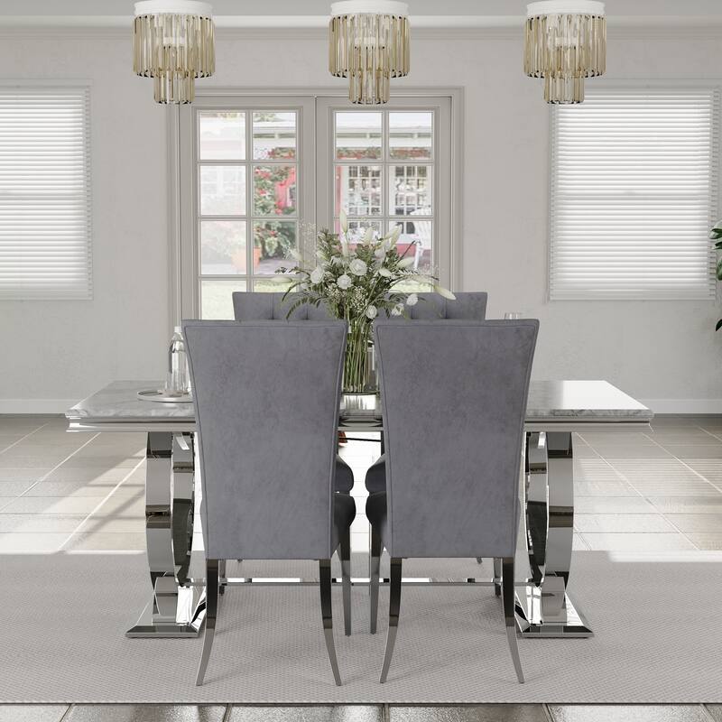 Glam Silver Dining Table Set with 64 inch Dining Table and Black Button Tufted Velvet Dining Chairs