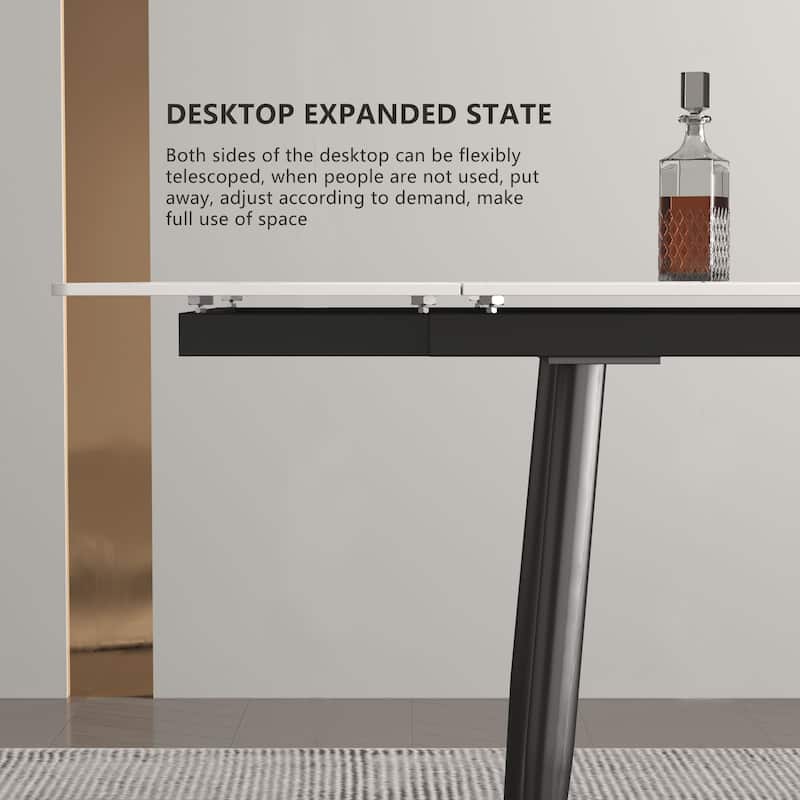 62.9'' to 94.4'' expandable Slate rectangular Glossy White kitchen Stone Top dining table stainless steel legs.