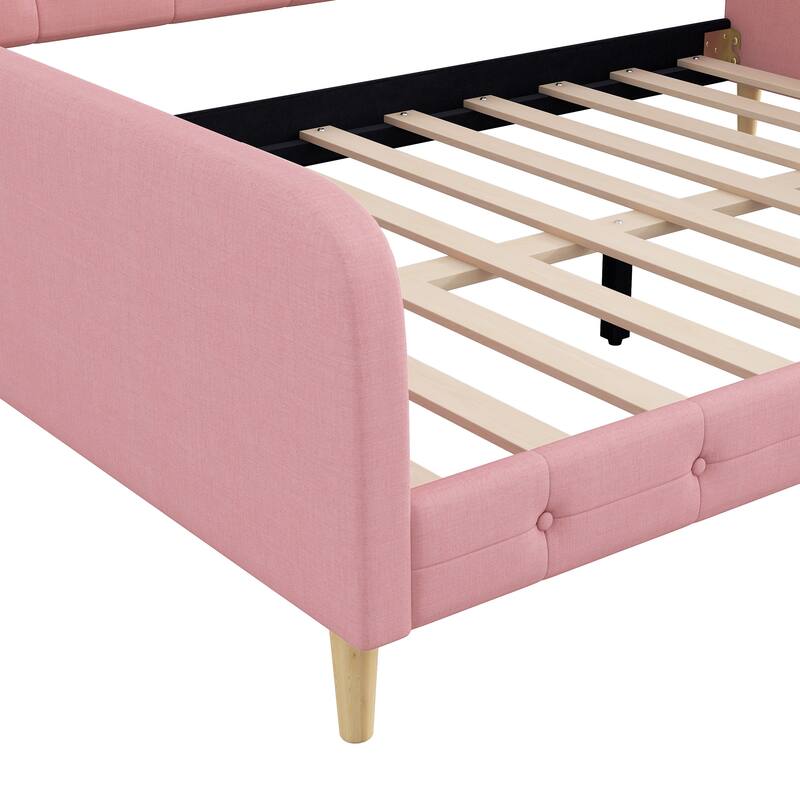 Tufted Upholstered Daybed with 4 Solid Pine Legs, Linen Fabric Sofa Bed Frame, Wooden Slat Support, Easy Assemble