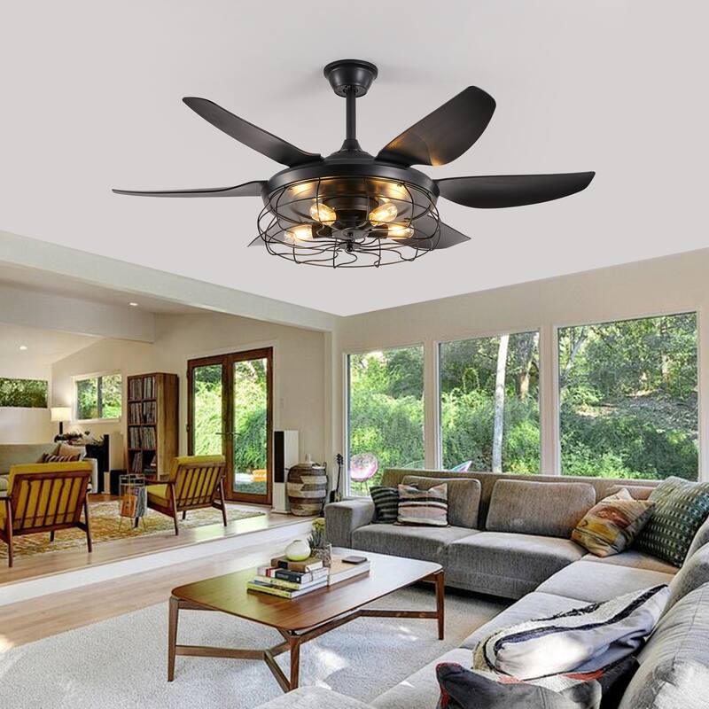 52" Modern Ceiling Fan with Light, 6 Fan Blades and Industrial Cage Design, Adjustable Speed for Living Room, Bedroom - Black - Black