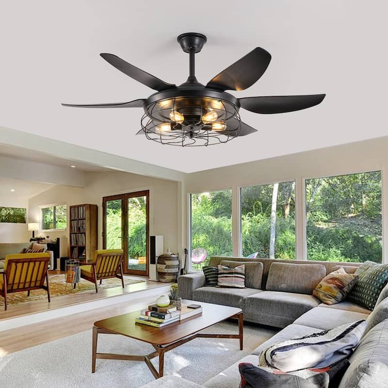 6-Speed Reversible Ceiling Fan for Bedroom Living Dining Room, 52" Industrial Cage Ceiling Fan with Light, Bulb Not Included