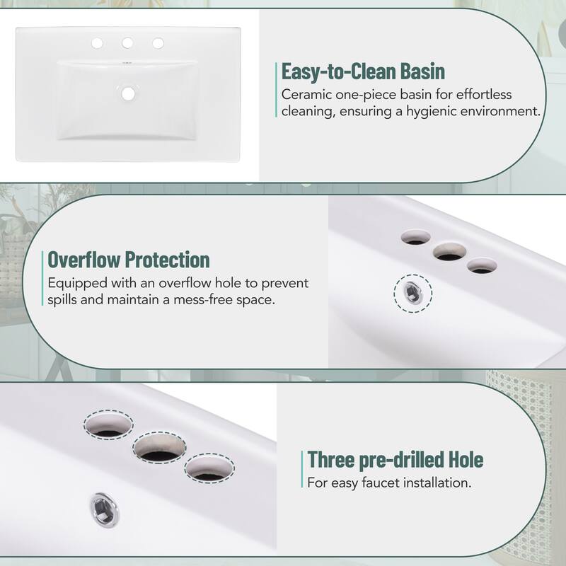 30 Inch Transitional Bathroom Vanity with Ceramic Sink, Solid Wood Cabinet, Soft-Close Doors and Drawers