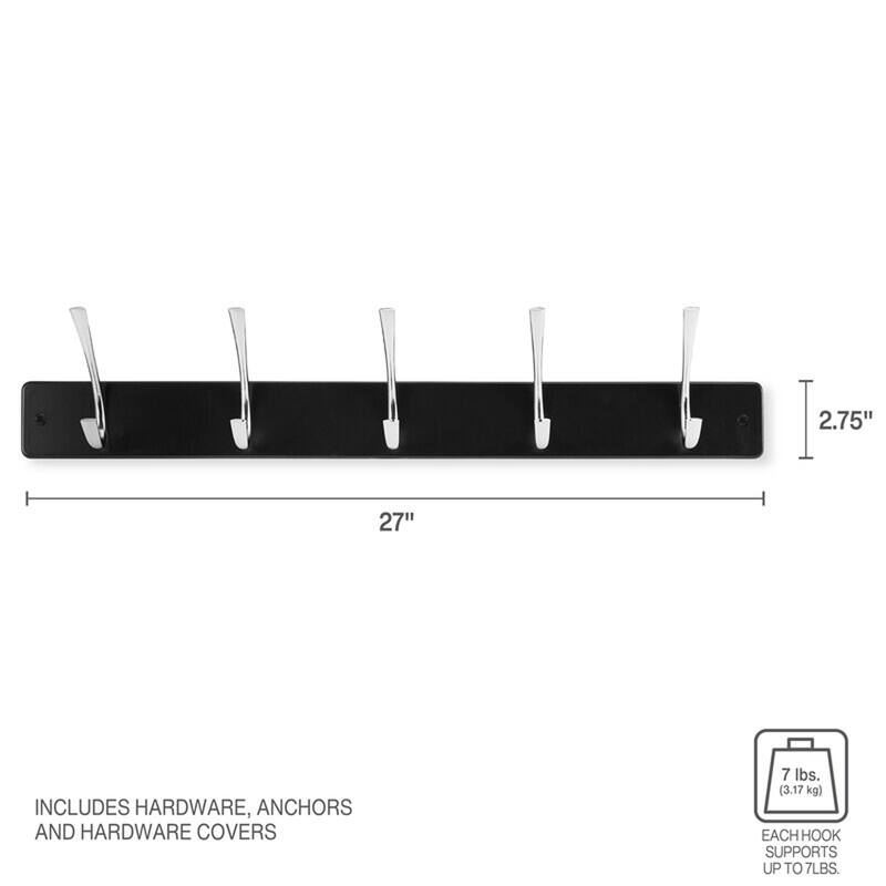 Melannco Wall Mounted Coat Rack with 5 Metal Hooks, 27X5 Inch, Black