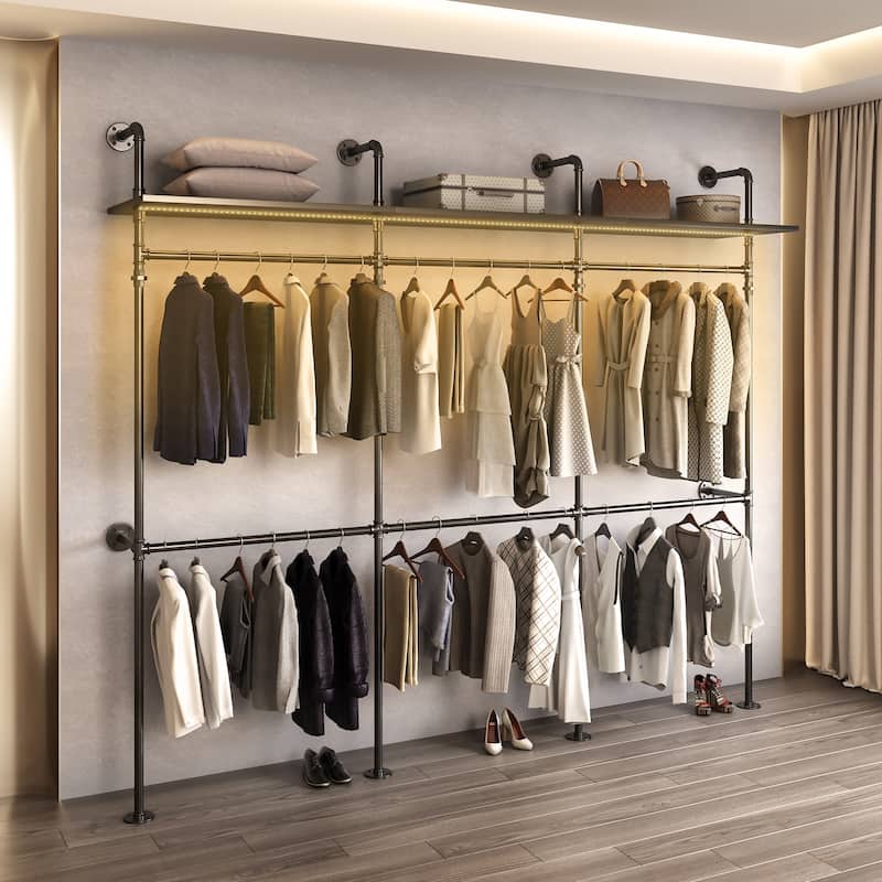 GDF Studio - Carrington Industrial Pipe Clothing Rack with LED Lights, Shelves & Hanging Rods
