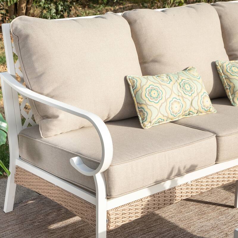 MAISON ARTS 7-Seat Patio Conversation Set, 2/4 x Cushioned Metal Chair, 1 x 2-Seat Sofa,1 x 3-Seat Sofa with Coffee Table