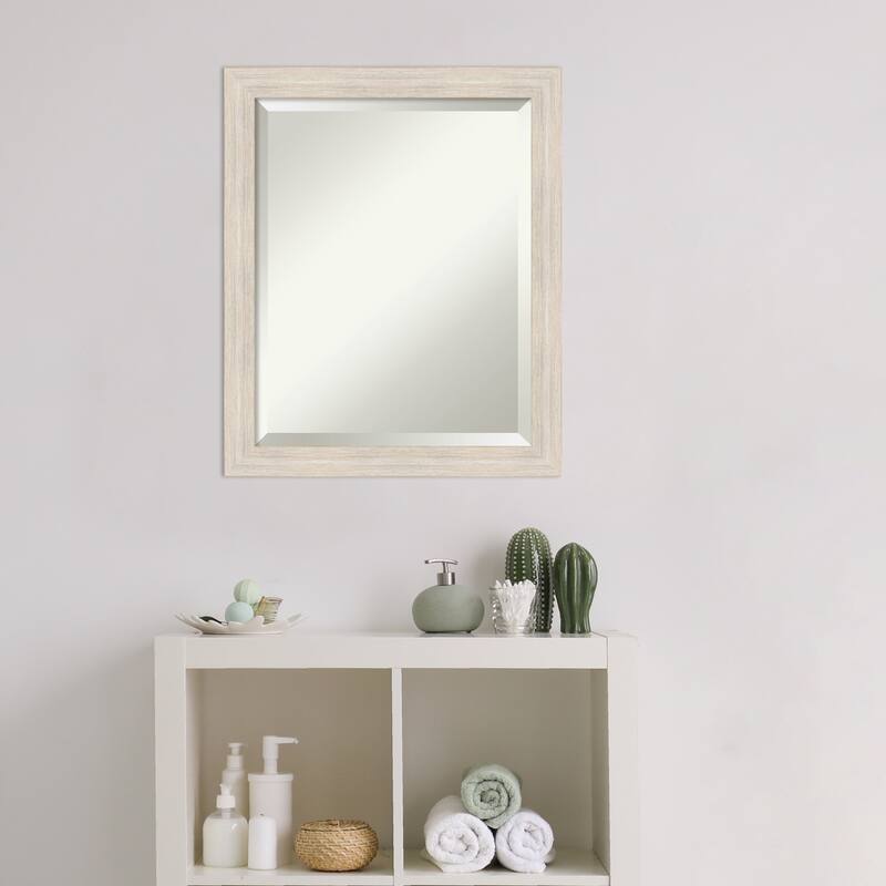 Beveled Wood Bathroom Wall Mirror - Hardwood Whitewash Narrow Frame - Hardwood White Wash Narrow