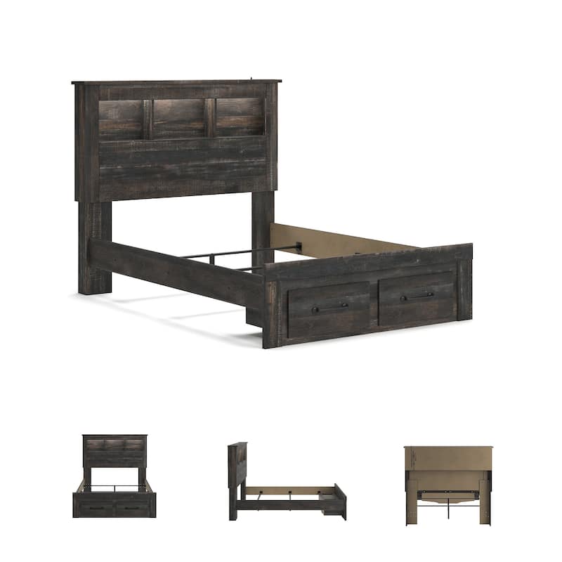 Drystan Rustic Brown Bookcase Bed with Footboard Storage Drawers