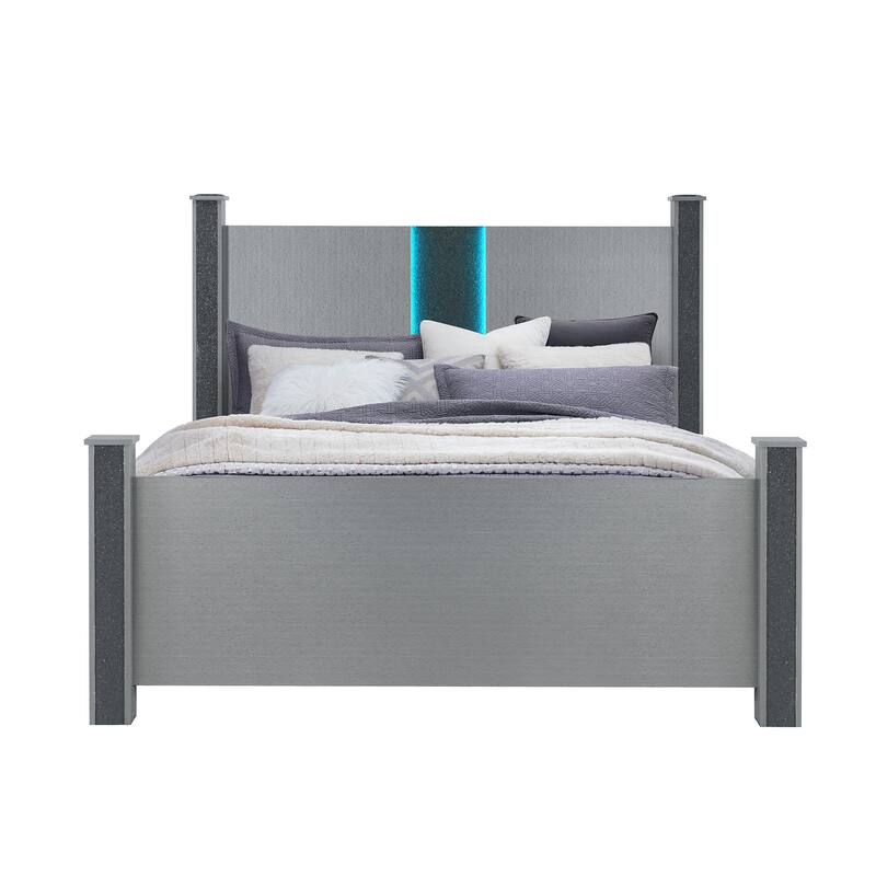 HomeRoots Silver Wood And Faux Crystals Lighted Full Four Poster Bed Frame