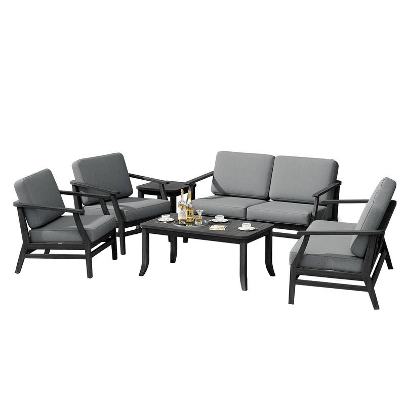 6-Seat Outdoor Teak Wood Patio Conversation Set with Cushions Tables