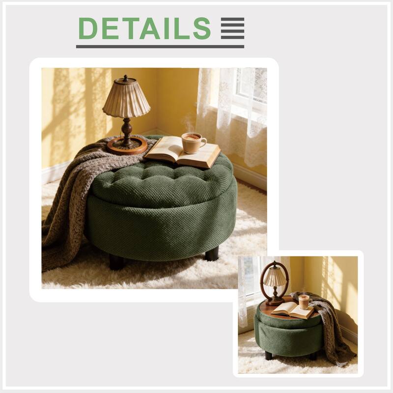 Round Storage Ottoman with Lift-Off Tray and Upholstered Fabric
