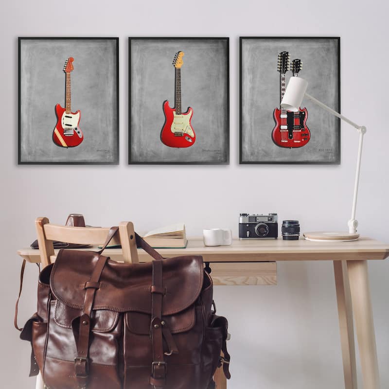 Stupell Red Guitars Collection Framed Giclee Art Design By Mark Rogan (Set of 3)