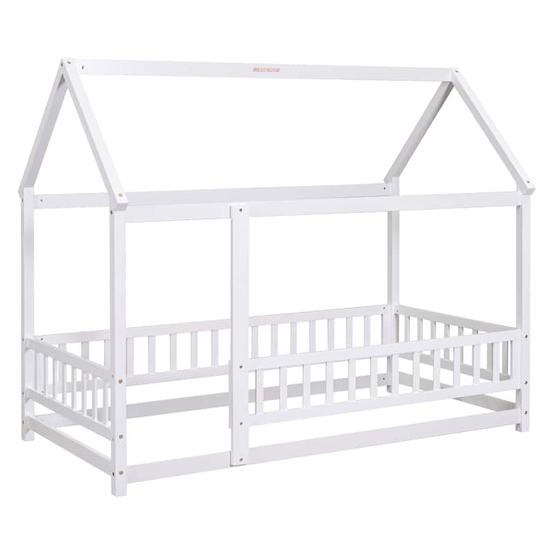 Twin Size Floor Wooden Bed with House Roof Frame
