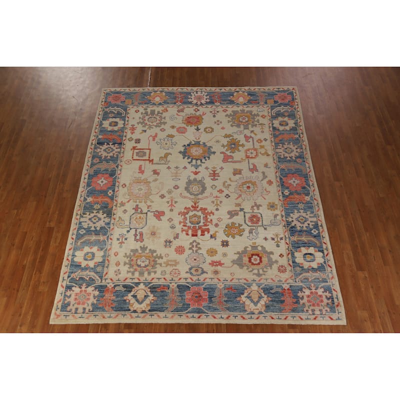 Hand Knotted Oriental 100% Wool Carpet Transitional All-Over Beige & Ivories Oushak Area Rug - 9' 9'' X 8' 1''