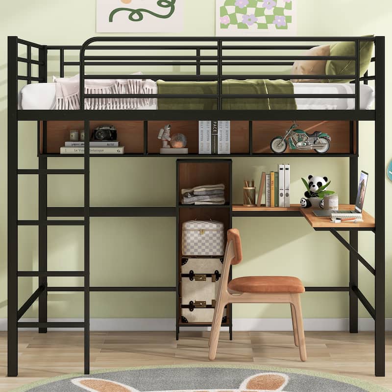 Full Size Metal & Wood Loft Bed with L-Shaped Desk and Shelves, Black and Brown