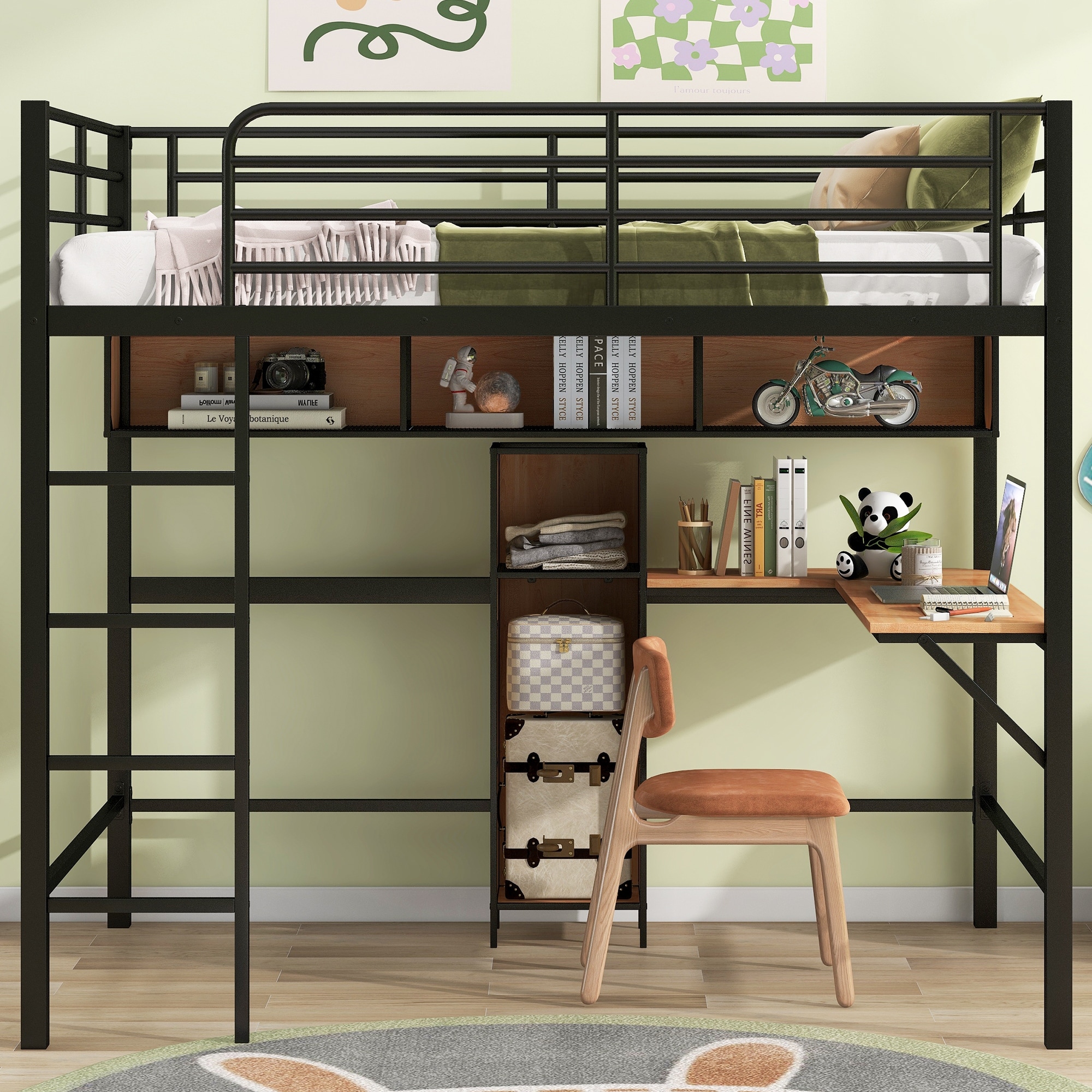 Metal Loft Bed with 2 Shelves, a desk and a Hanging Clothes Rack