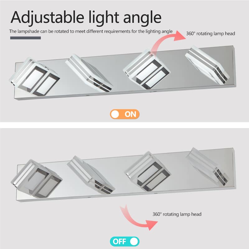 26" Modern Chrome 4-Light LED Vanity Light, Square Acrylic Lampshades Wall Mount Fixture for Bathroom, Mirror Lighting