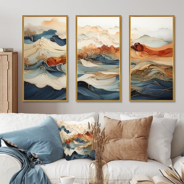 slide 2 of 7, Designart "Abstract Orange And Blue RIVer Ink III" Abstract Marble Framed Art Set of 3 - Modern Wall Art Set 3 Pieces 36 in. W x 28 in. H - 3 Panels - Gold
