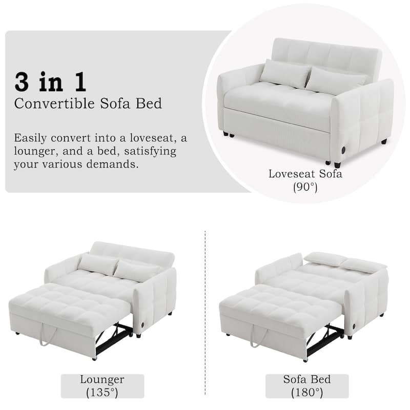 Chenille Loveseat Sofa Pull-out Sofa Bed, Upholstered Futon Sofa Adjustable Backrest Lounge Couch w3 USB Ports & 2 Pillows