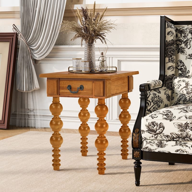 Solid Wood End Table with Drawer, Easy Assembly Vintage Narrow Sofa Side Table for Living Room