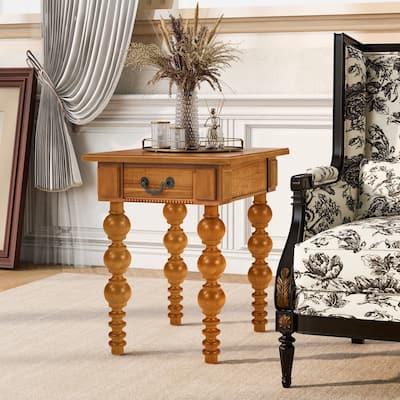 Solid Wood End Table with Drawer, Easy Assembly Vintage Narrow Sofa Side Table for Living Room