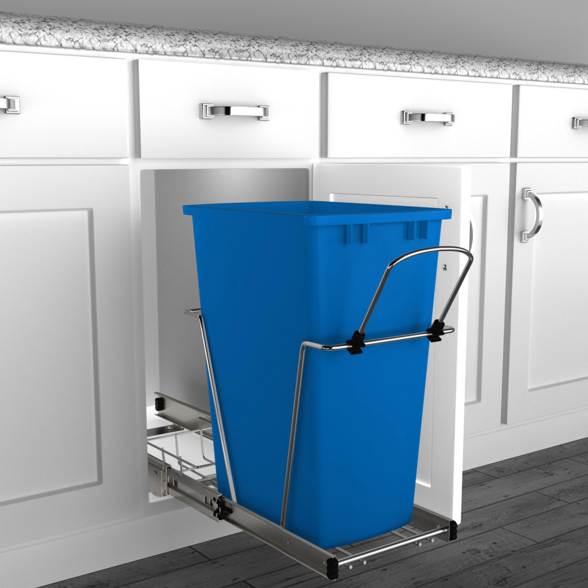 Rev-A-Shelf Pull Out Trash Can 35 Qt for Kitchen Cabinets, Silver
