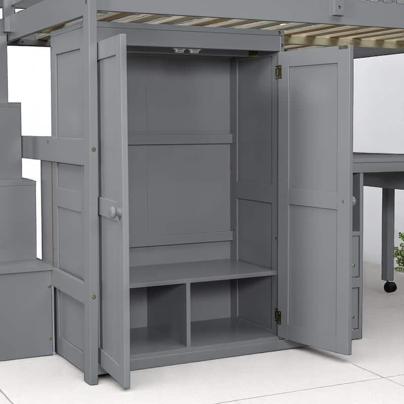 Twin/Full Size Loft Bed with Desk, Wardrobe, Drawers & Stairs, Wood Frame Study Bed with Storage for Kids/Teens