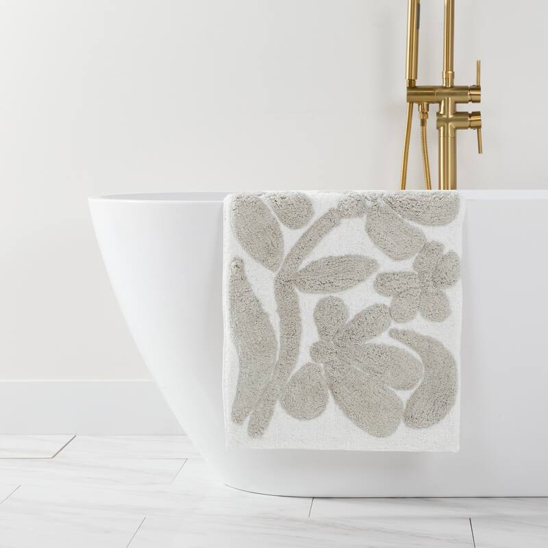 Becky Cameron 100% Cotton Floral Patterned Bath Mat - 34" x 21" - Light Gray Floral