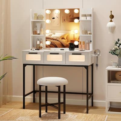 Vanity Desk w/Mirror＆Lights Modern Vanity Dressing Table w/Stool