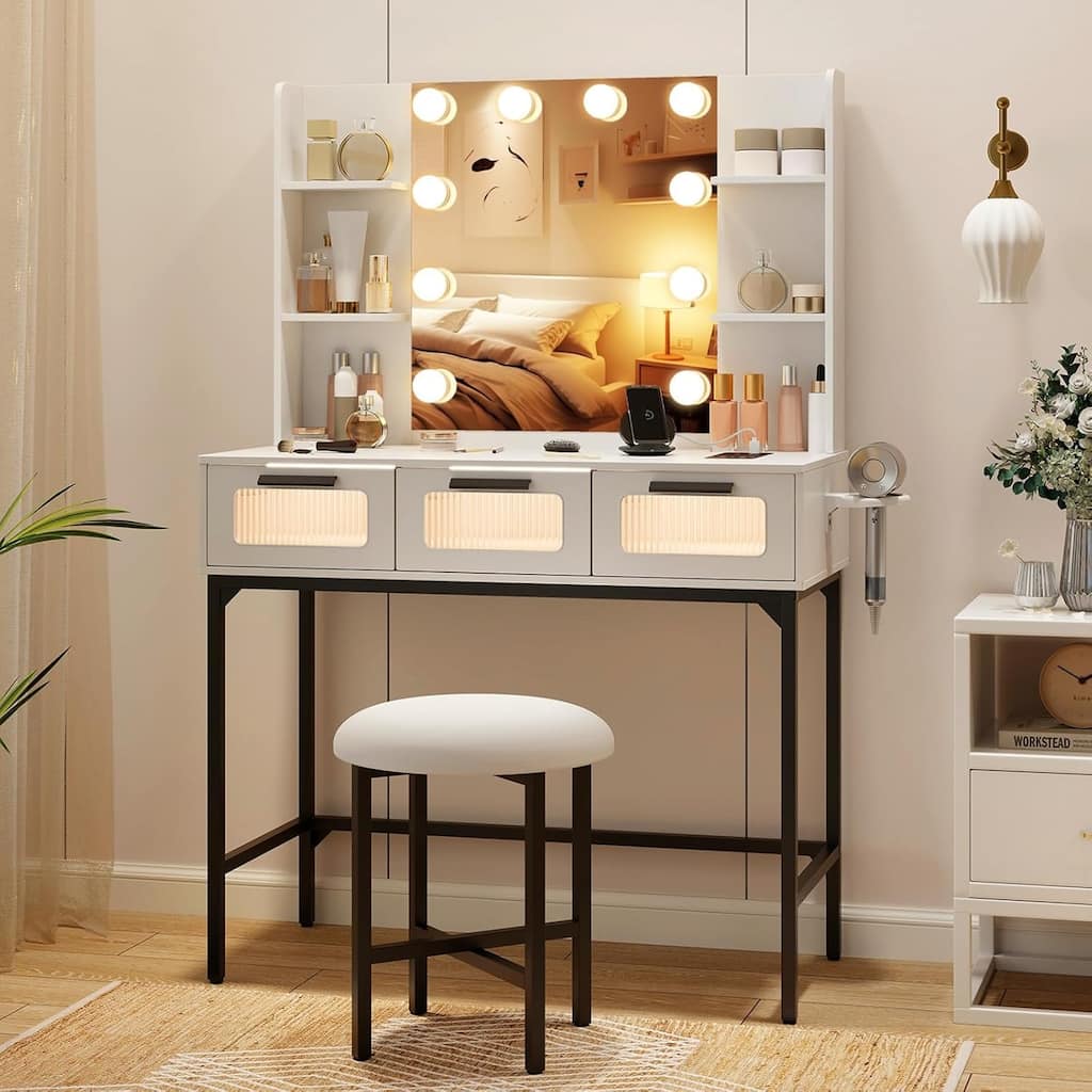 Vanity Desk w/Mirror＆Lights Modern Vanity Dressing Table w/Stool