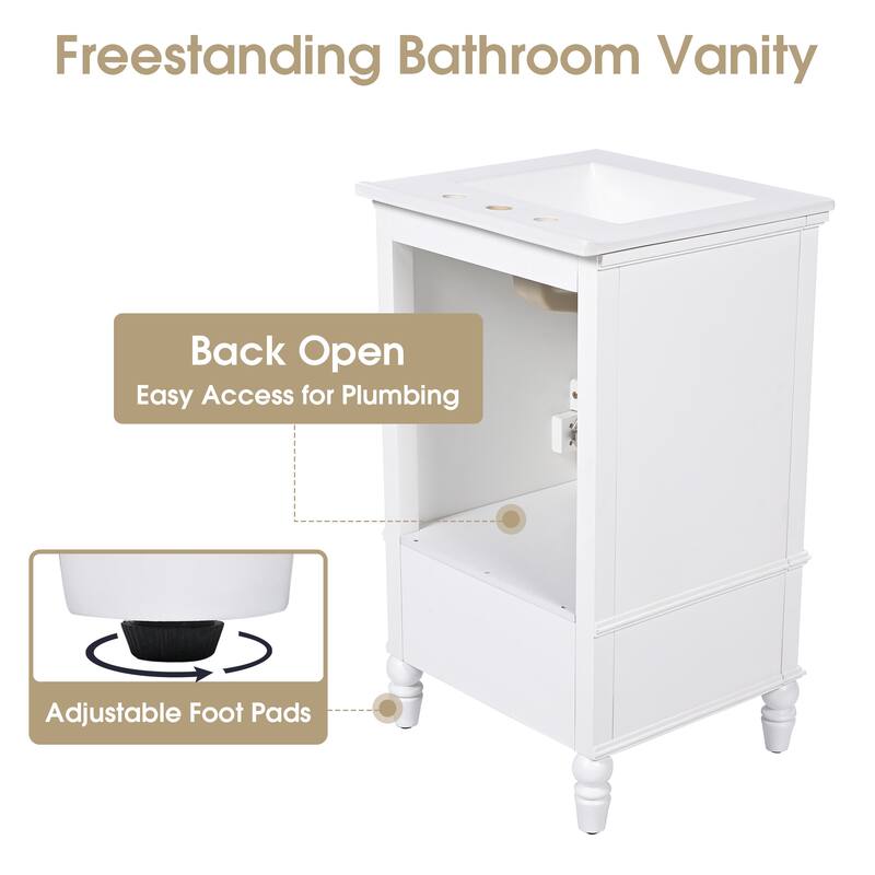 Roomfitters 20" Bathroom Vanity with Sink, Solid Wood Frame, 2 Doors with Magnetic Stoppers & Large Drawer, White