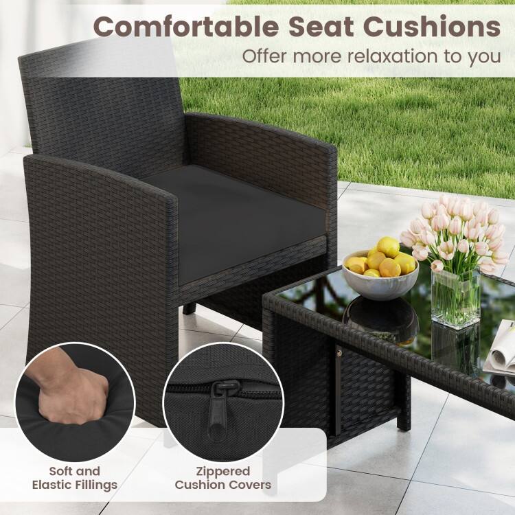 4 Piece Outdoor Patio Furniture Set Black Rattan Loveseat Armchairs and Coffee Table with Cushions