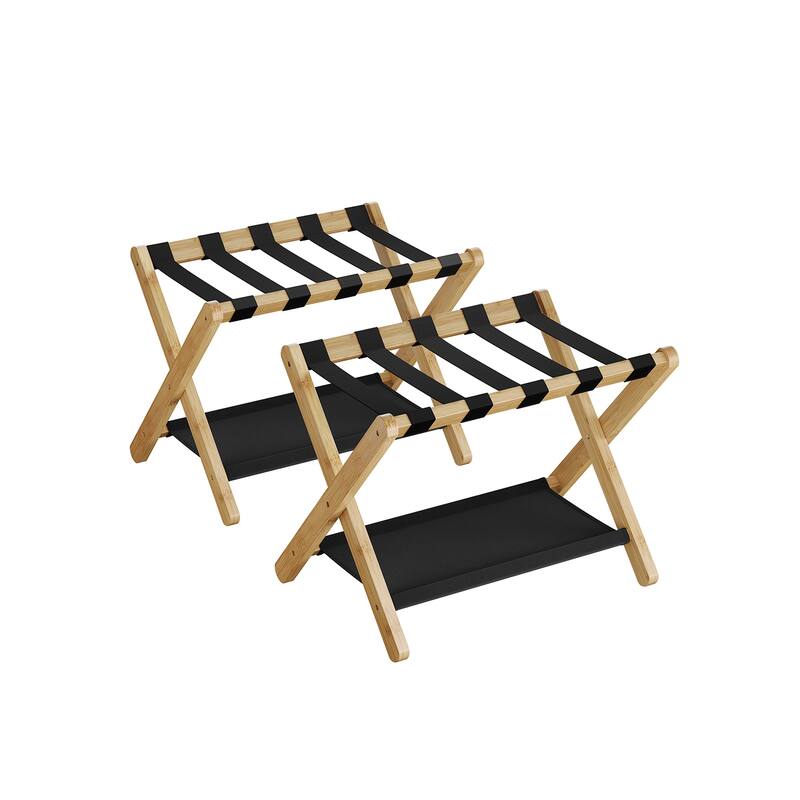 Wicker Luggage Rack with Nylon Support Straps and Storage Shelf Foldable Travel Suitcase Stand - set of 2 - Beige
