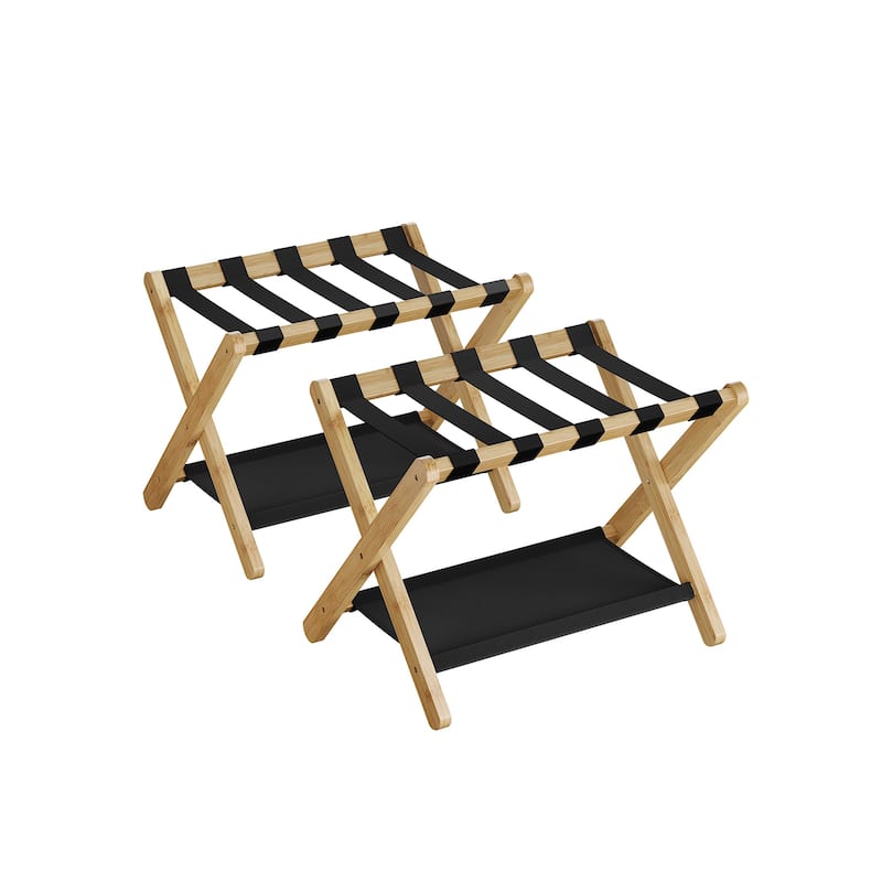 Wicker Luggage Rack with Nylon Support Straps and Storage Shelf Foldable Travel Suitcase Stand