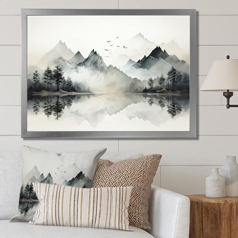 Designart "Watercolor Lake And Forest Dream I" Landscape Mountains Framed Canvas Wall Art - 44 in. wide x 34 in. high - Silver
